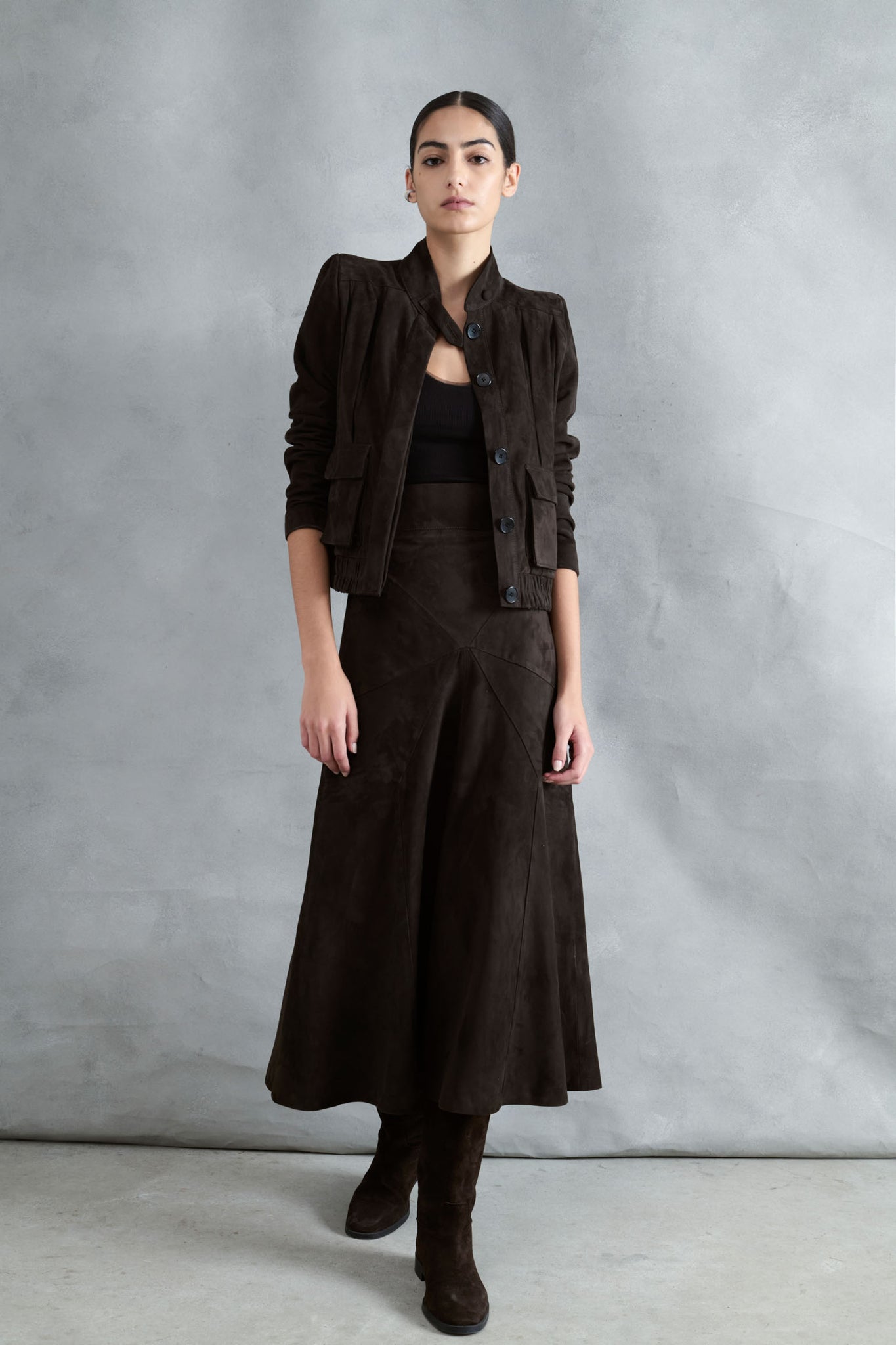 CHOCOLATE SUEDE FURROW SKIRT