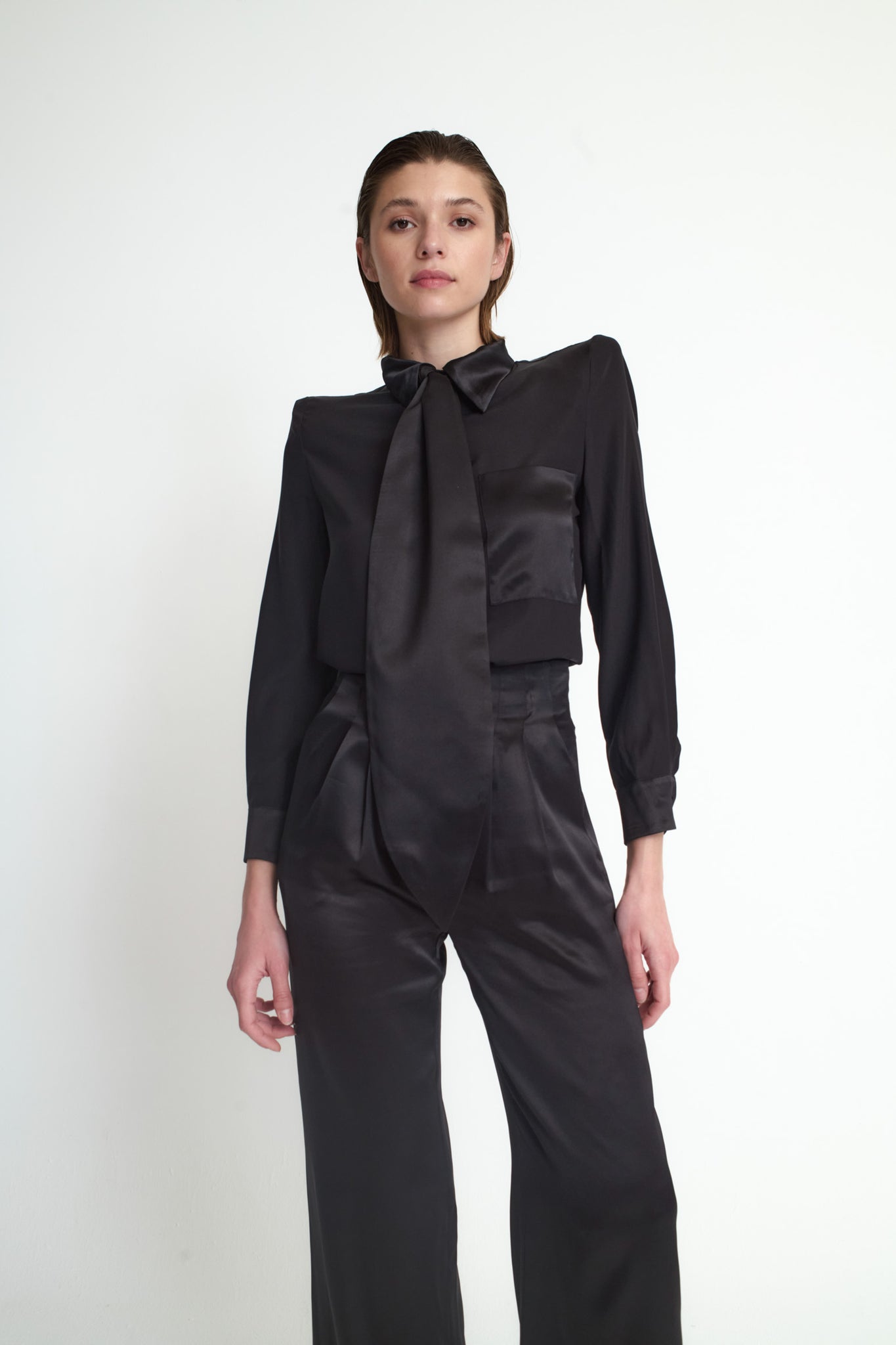 GENEVA BLACK SILK SATIN BLOUSE