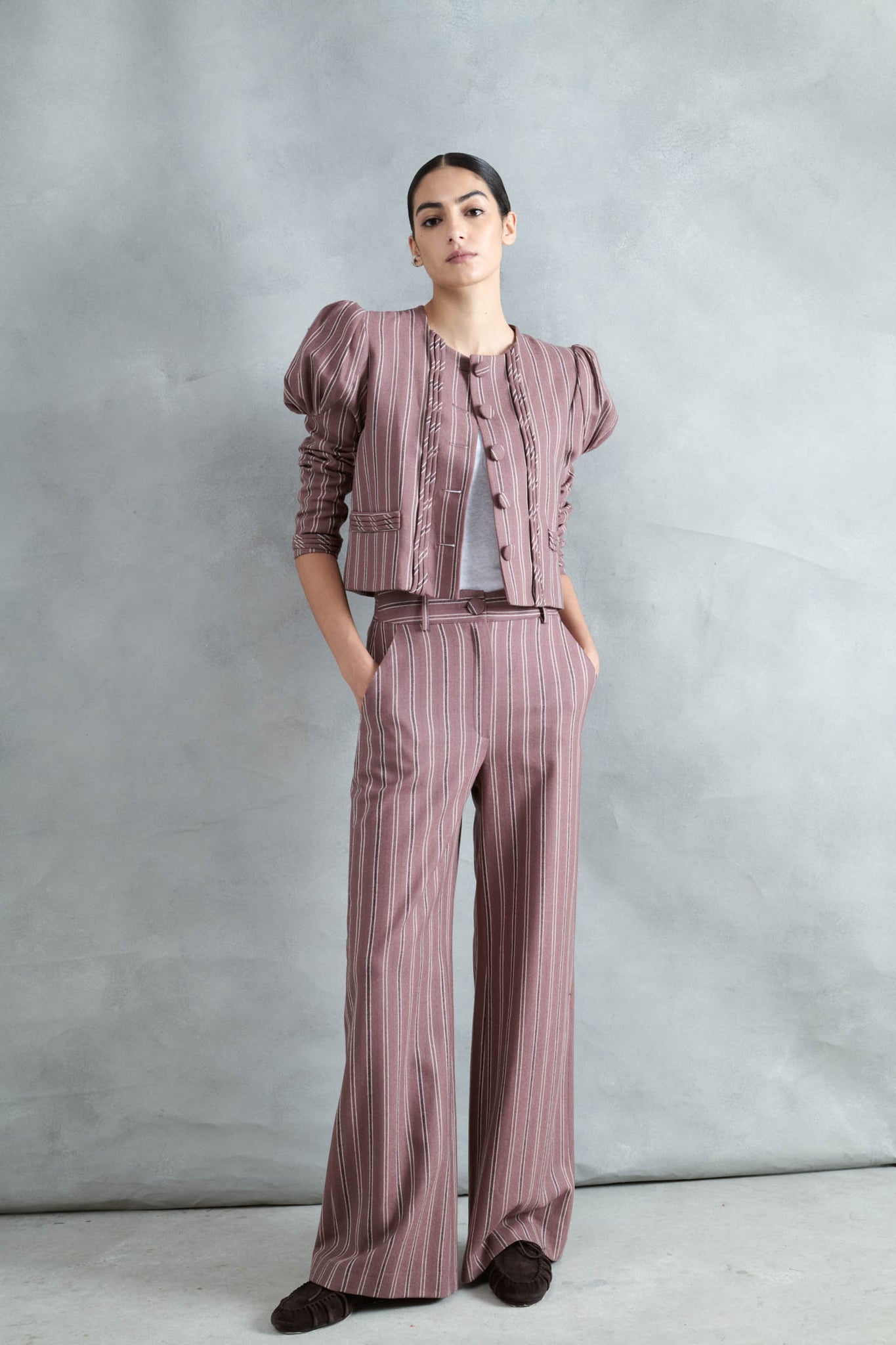 CHAQUETA FUEGO RAYAS GRUESAS ROSA EMPOLVADO